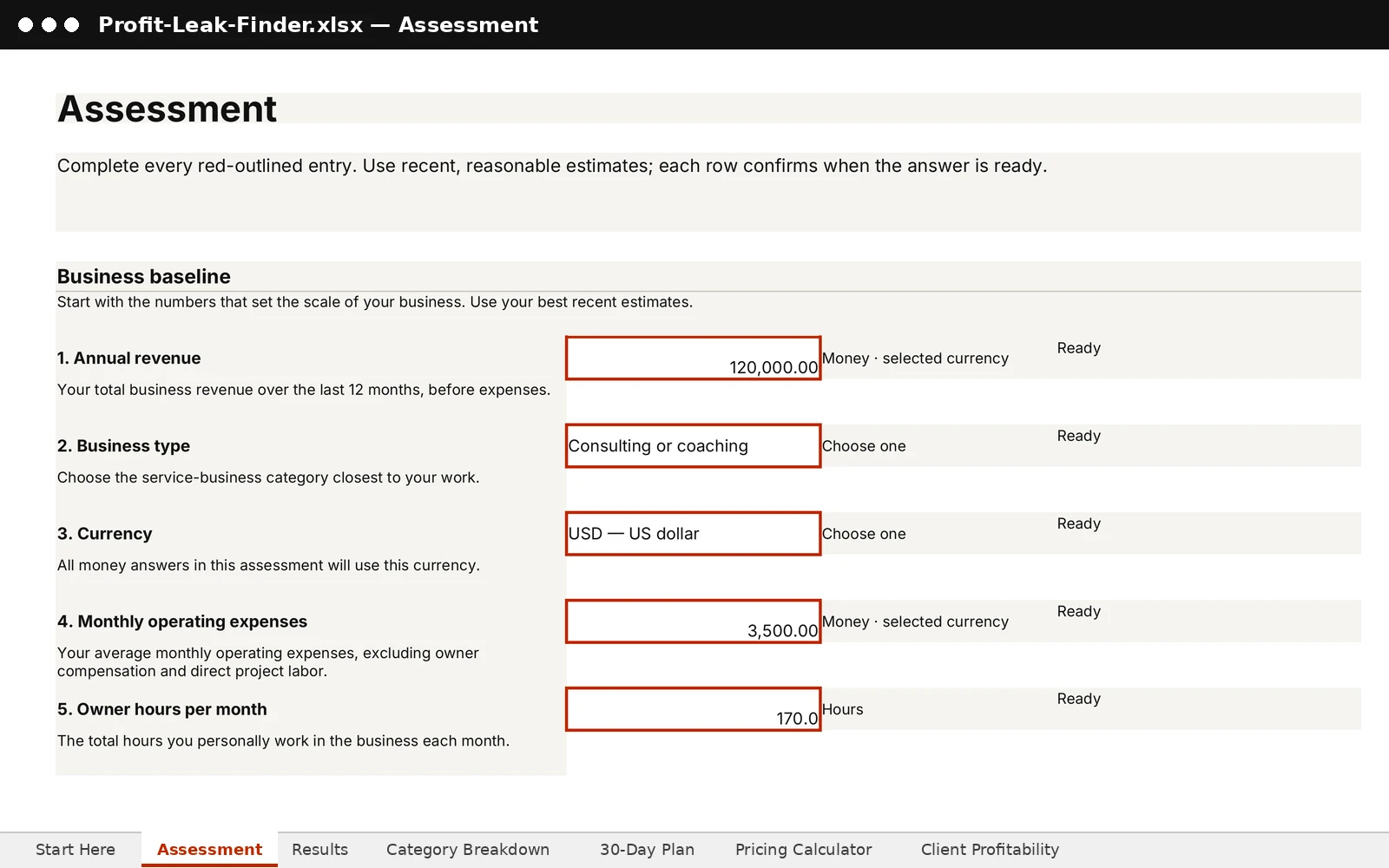 Assessment sheet, first questions: annual revenue 120,000, business type consulting or coaching, currency US dollar, each in a highlighted entry box.